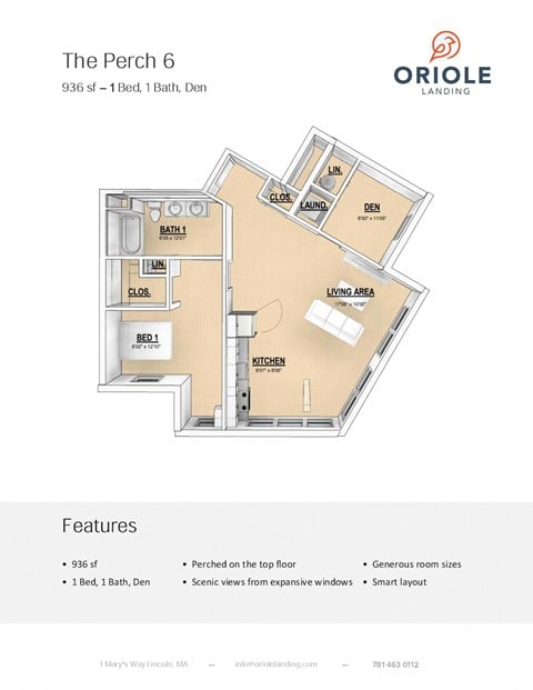 Floor plan for 1 bed, 1 bath, 936 sqft
